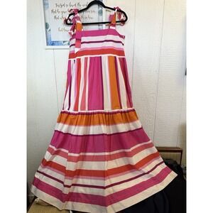 Hermoza Medium Bridget Bow Tie Strap Maxi Dress Orange Pink Tone 100% Cotton